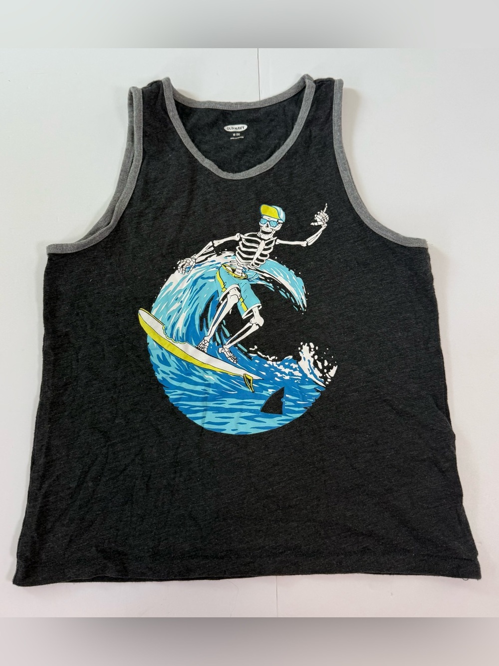 Old Navy Black Tank Top with Blue & Yellow Surf Skeleton Graphic